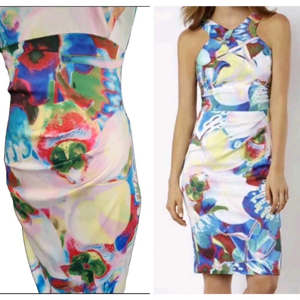Karen Millen Floral Orchid Print Halter High Neck Sateen Pencil Dress Size 4 US